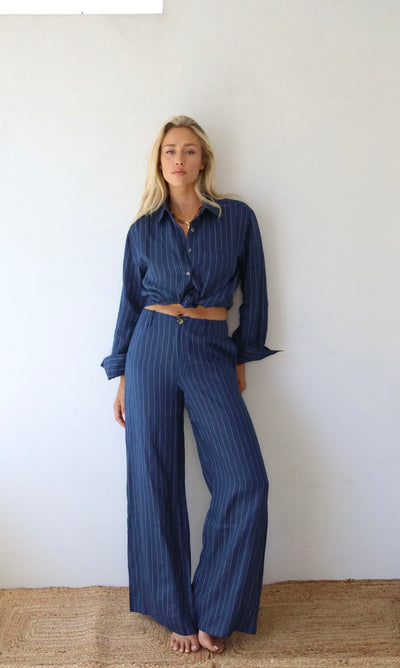 THE LINE BY BABY LEMONADE SLOAN LINEN  PANT NAVY STRIPE