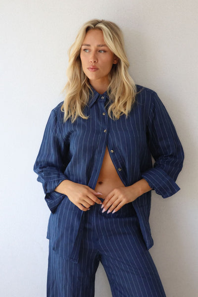 THE LINE BY BABY LEMONADE BLAKE LONG SLEEVE SHIRT LINEN NAVY STRIPE