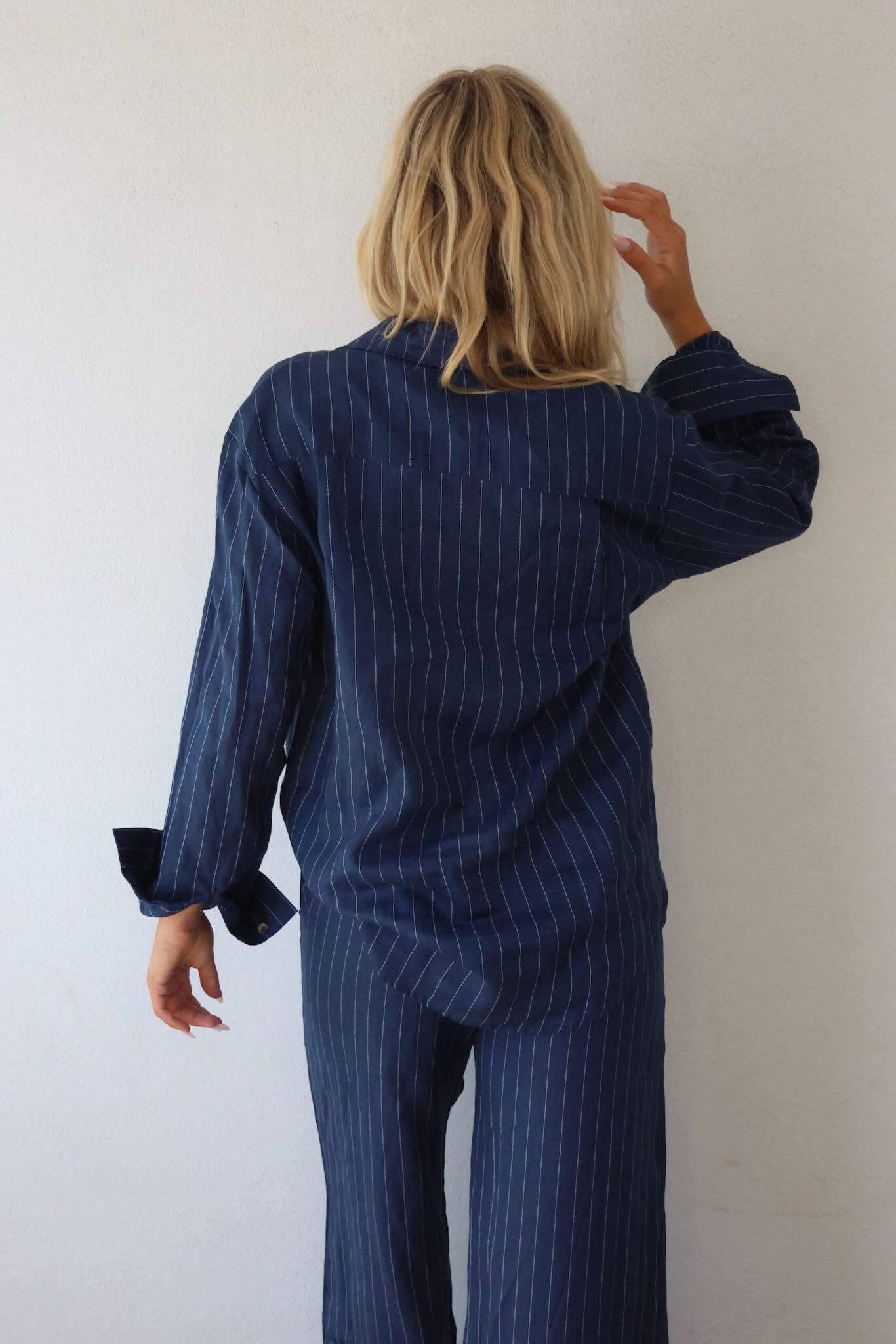 THE LINE BY BABY LEMONADE BLAKE LONG SLEEVE SHIRT LINEN NAVY STRIPE