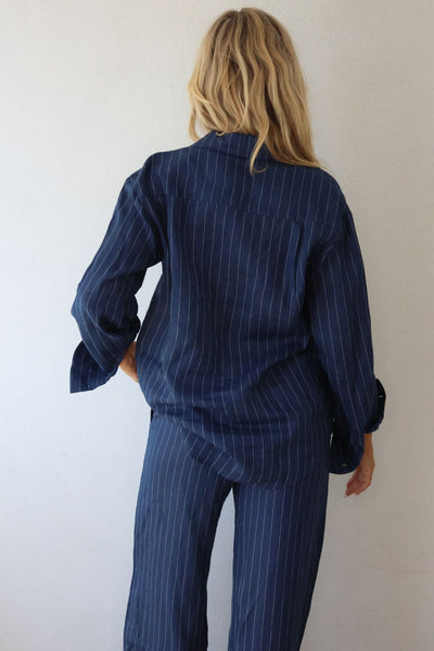 THE LINE BY BABY LEMONADE BLAKE LONG SLEEVE SHIRT LINEN NAVY STRIPE