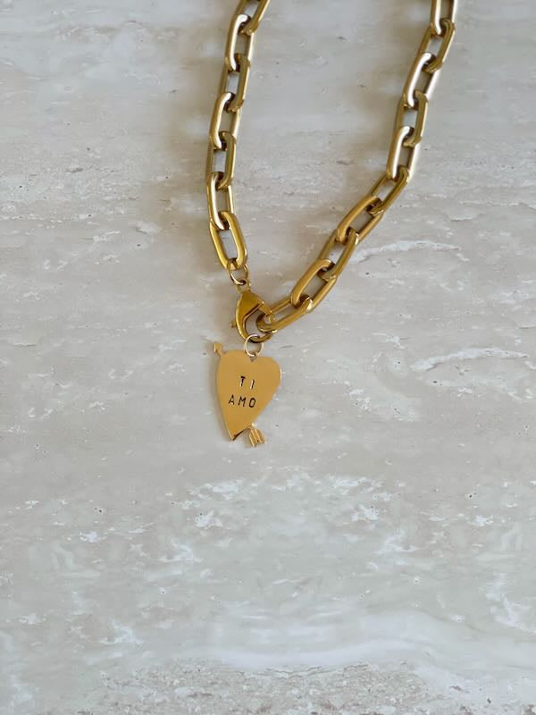 Ti Amo Chain Necklace by Nikki Ross in 18k gold-plated sterling silver with removable Ti Amo pendant on chunky 48cm 