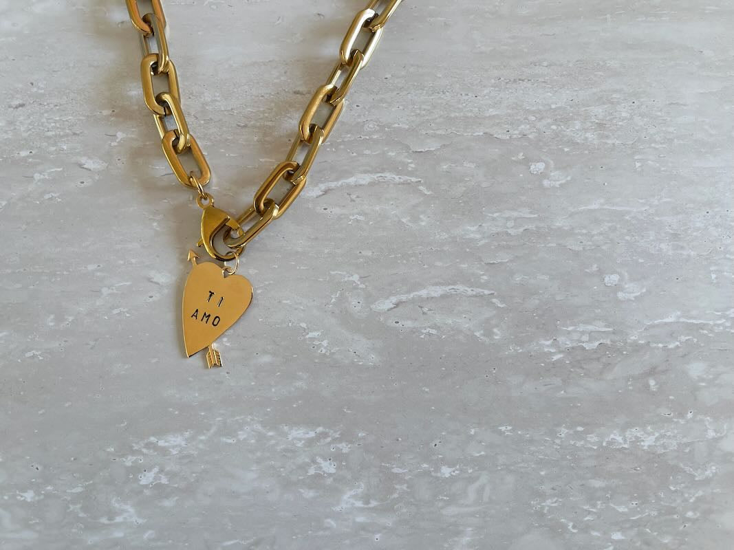 Ti Amo Chain Necklace by Nikki Ross in 18k gold-plated sterling silver with removable Ti Amo pendant on chunky 48cm 